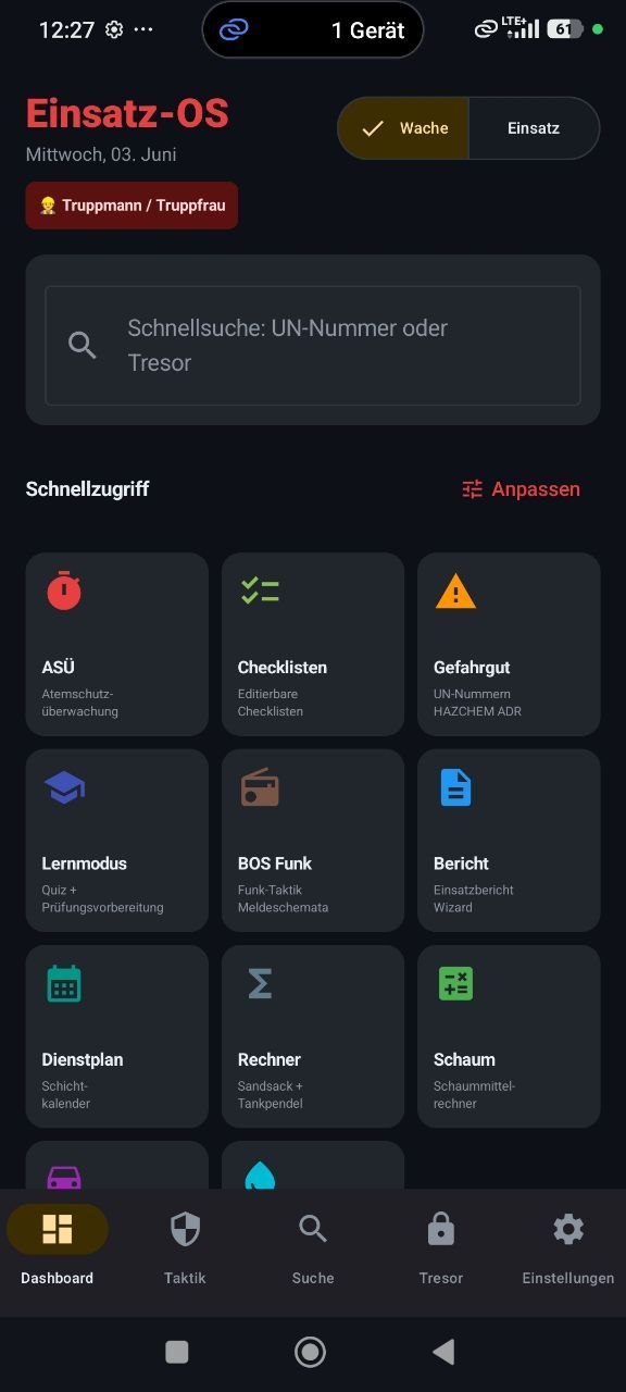 Einsatz-OS Dashboard mit Schnellzugriffen