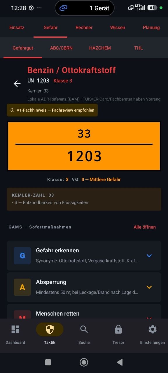 Gefahrgut-Suche mit UN-Nummer und GAMS-Hinweisen