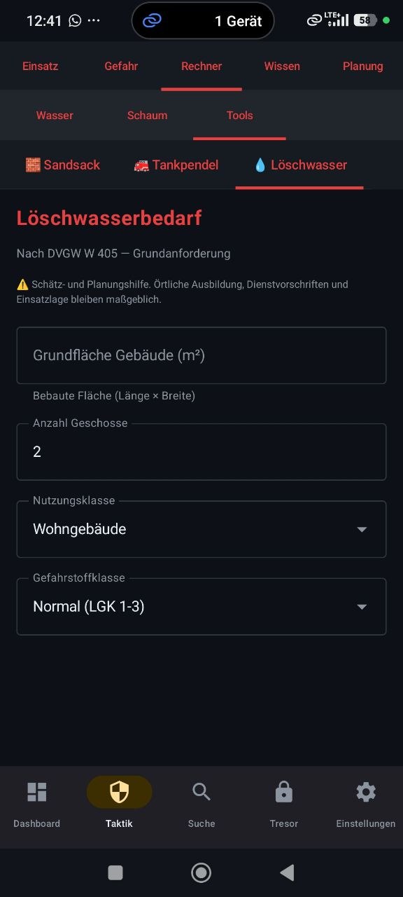 Feuerwehr-Rechner für Wasserförderung und Schaum