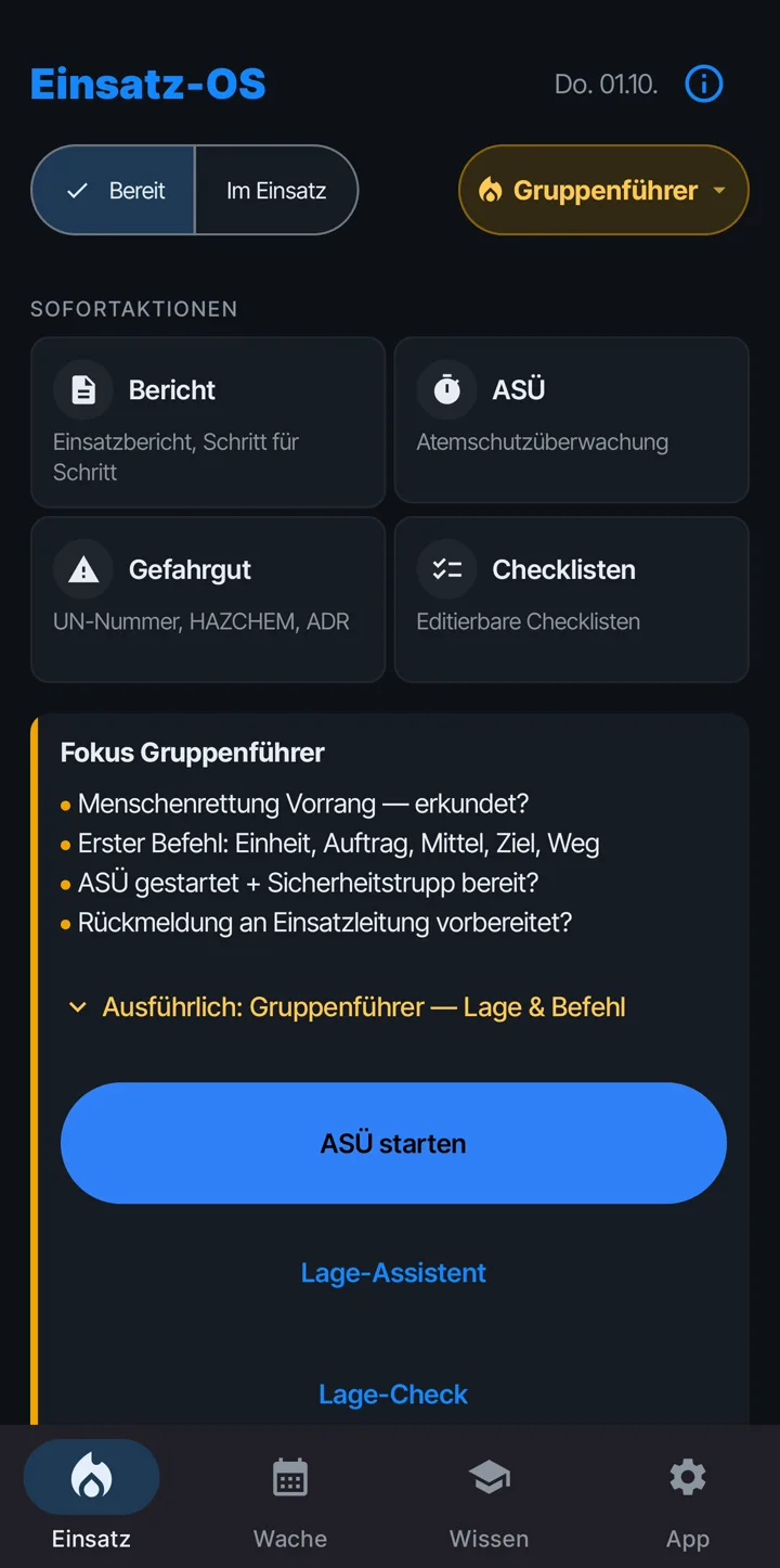 Startseite im Einsatzmodus mit Sofortaktionen Bericht, ASÜ, Gefahrgut und Checklisten sowie dem Fokus Gruppenführer.
