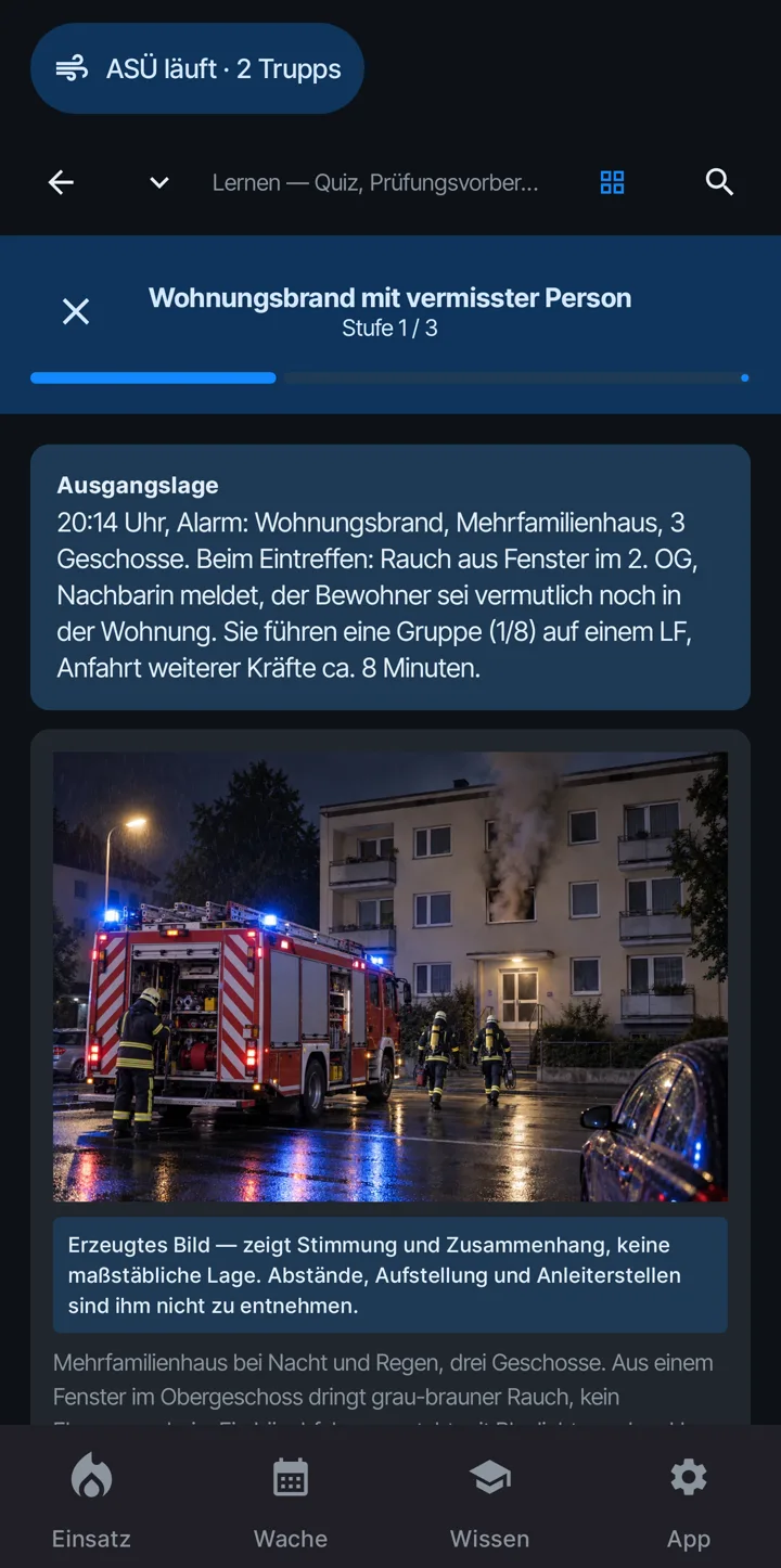 Lernszenario Wohnungsbrand mit vermisster Person, Stufe 1 von 3, mit Ausgangslage und Lagebild.