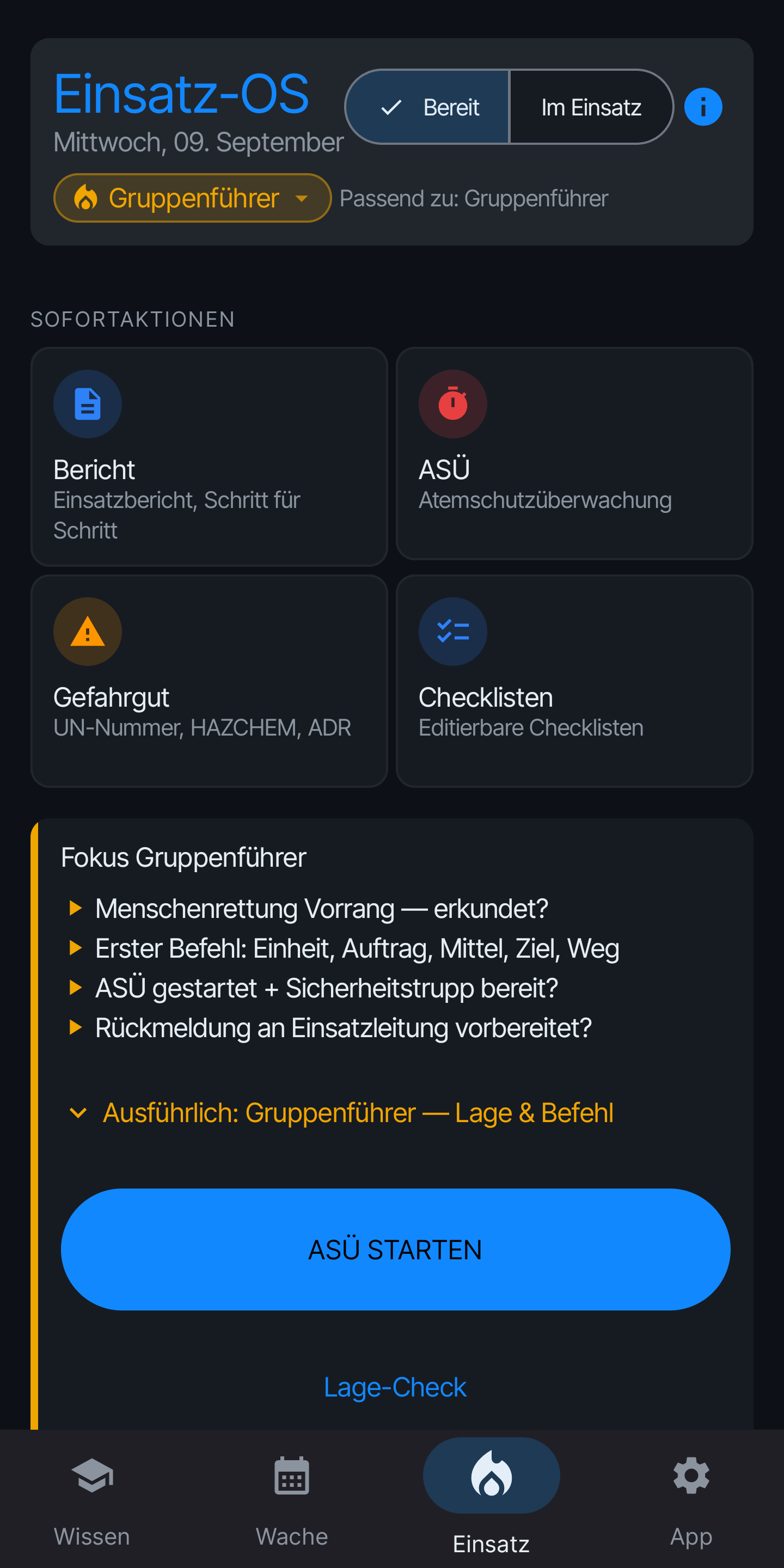 Einsatz-OS 1.4 Startseite: Bereich Einsatz mit Sofortaktionen und Rollenfokus
