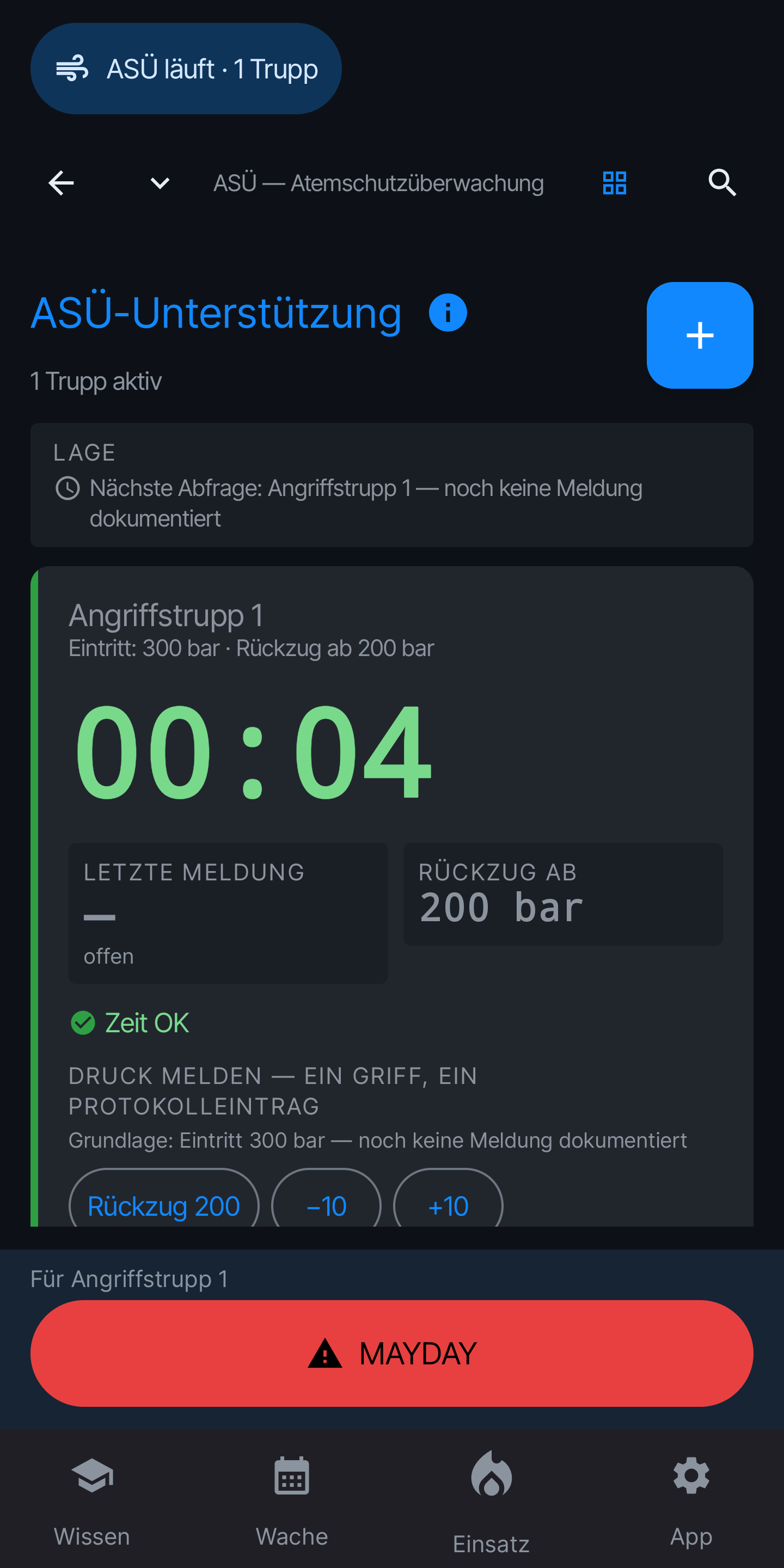 Atemschutzüberwachung mit laufenden Trupps und Druckabfrage