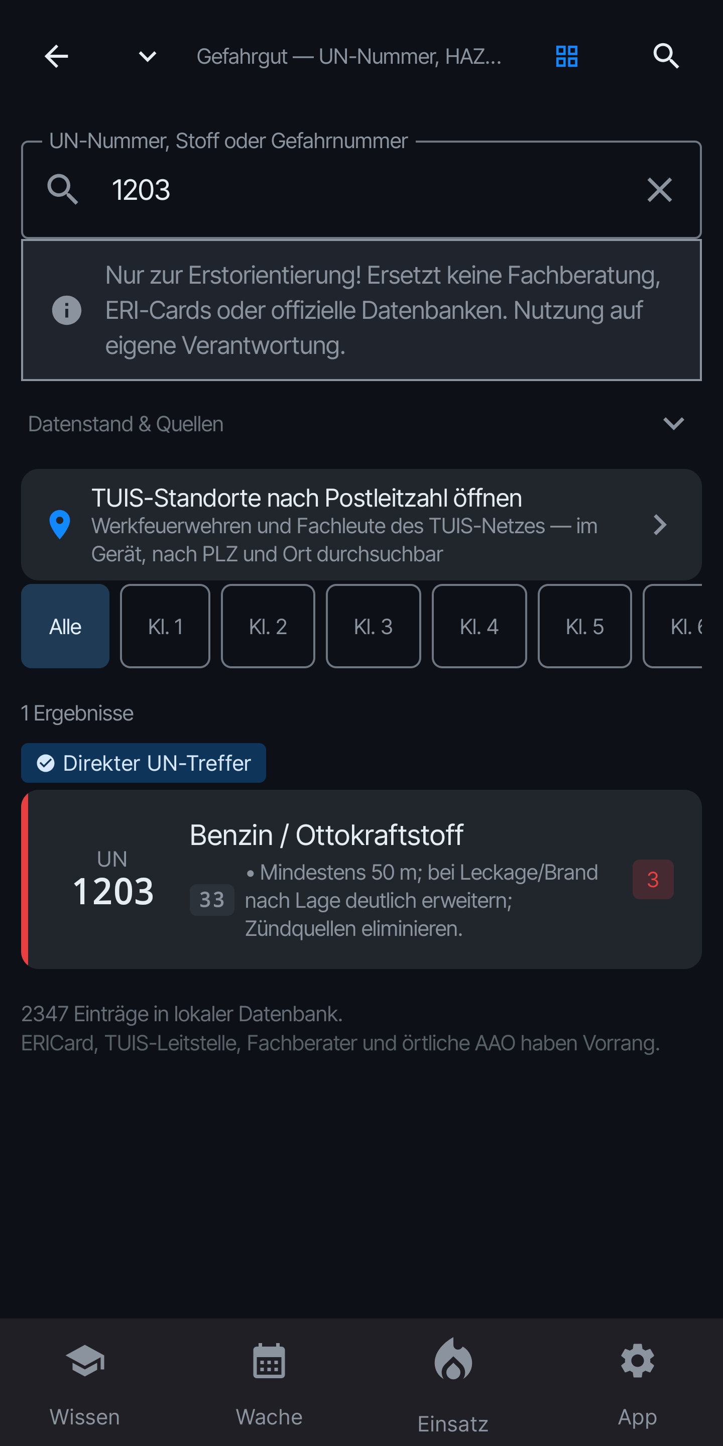 Gefahrgut-Suche mit UN-Nummer, Gefahrnummer und Klassenfarbe