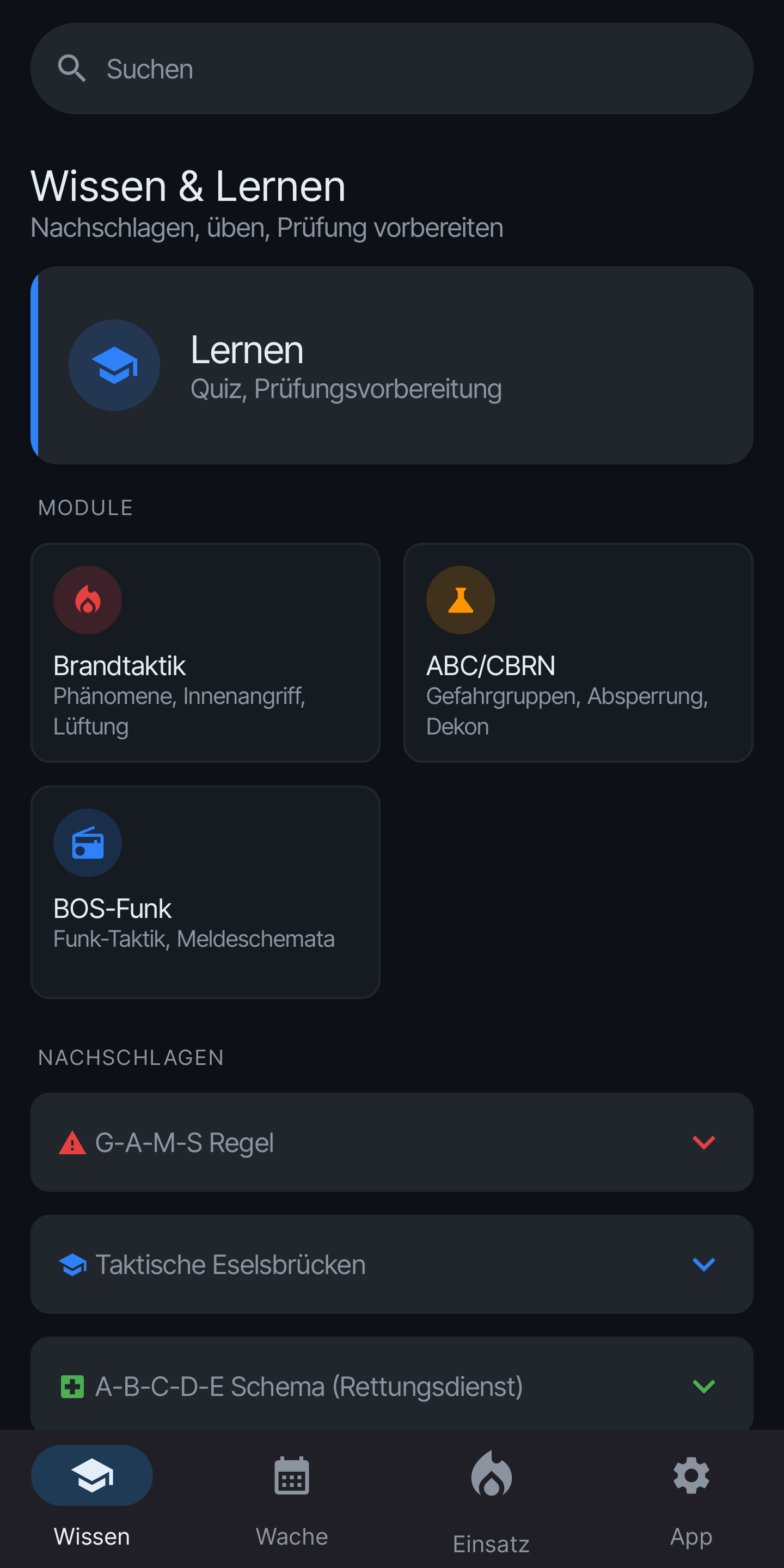 Bereich Wissen mit Lernen, Brandtaktik, ABC und BOS-Funk