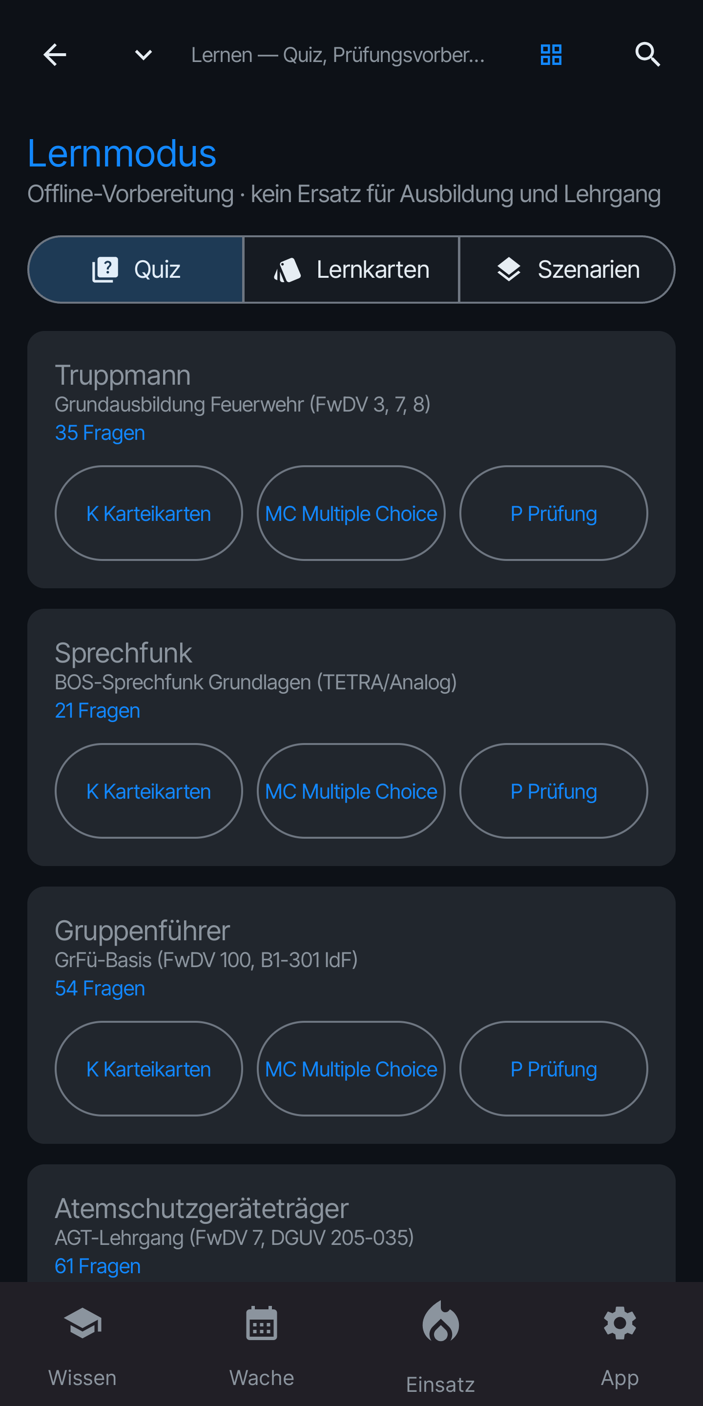 Lernmodus mit Quiz, Lernkarten und Szenarien